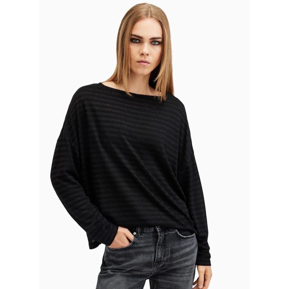 AllSaints Rita Stripe Tee Black Shimmer Relaxed Slash Neck Top Large